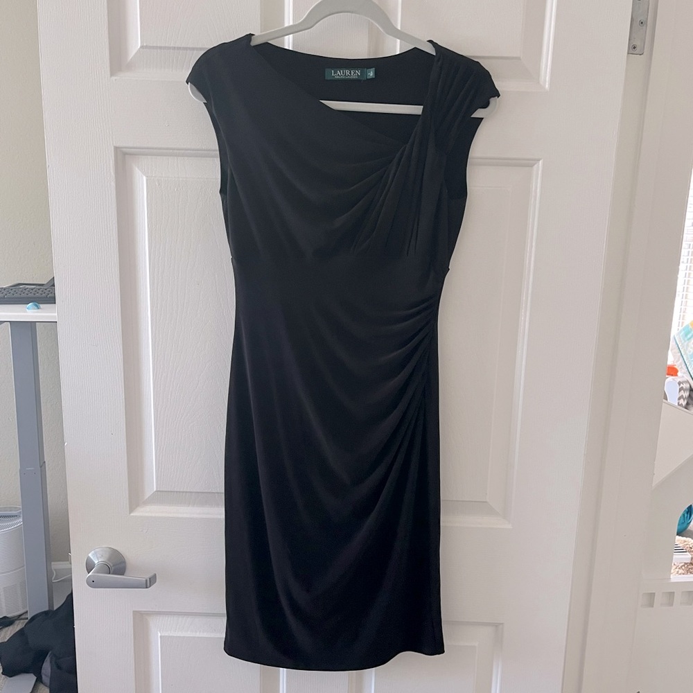 Ralph Lauren Asymmetrical Collar Ruched Sheath Dress